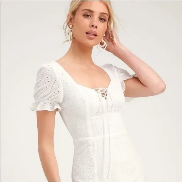 LULUS Rapunzel‎ White Eyelet Lace Mini Dress Medium - Picture 2 of 10